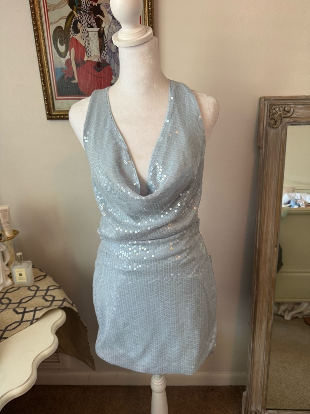 Baby Blue Sequin Cowl Neck Mini Dress
